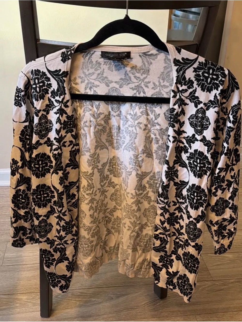 august silk Cream Cardigan with Black Floral Motif